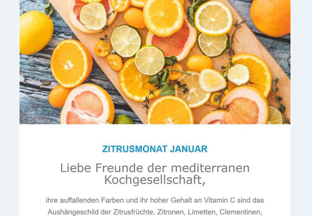 Die Januar-Ausgabe des Newsletters der mediterranen Kochgesellschaft beschäftigt sich mit Zitrusfrüchten.