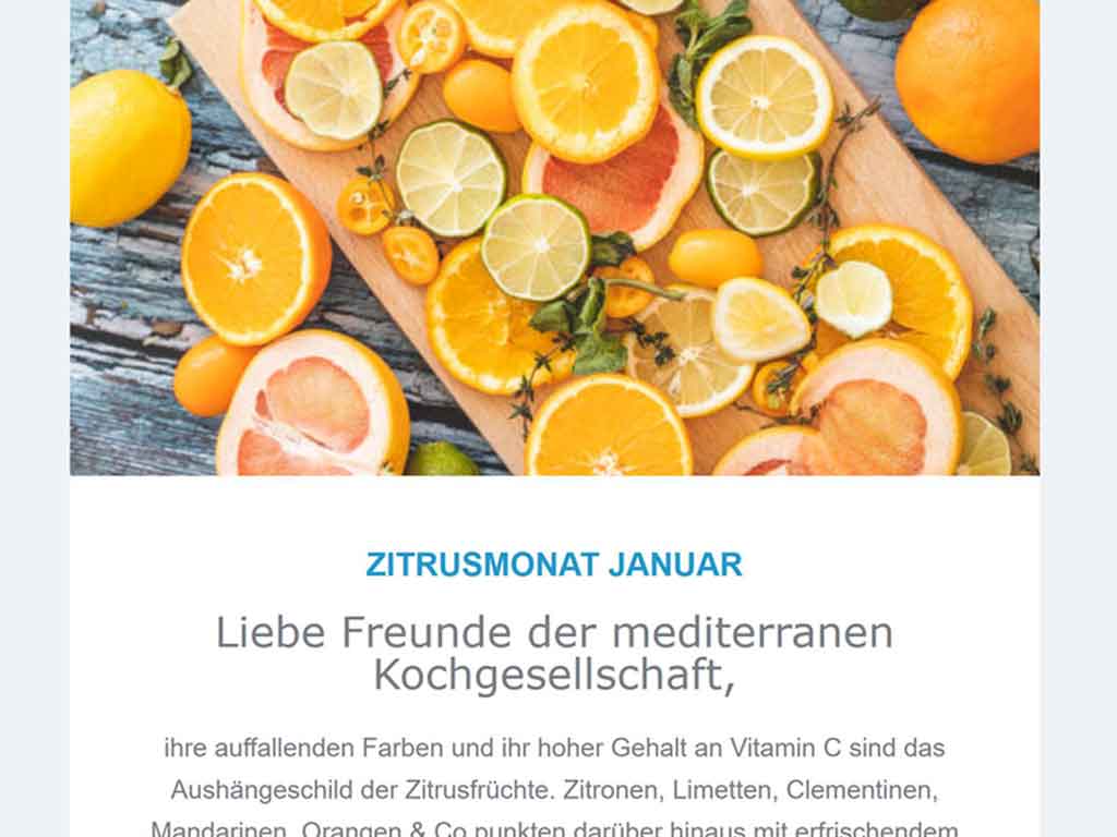 Die Januar-Ausgabe des Newsletters der mediterranen Kochgesellschaft beschäftigt sich mit Zitrusfrüchten.